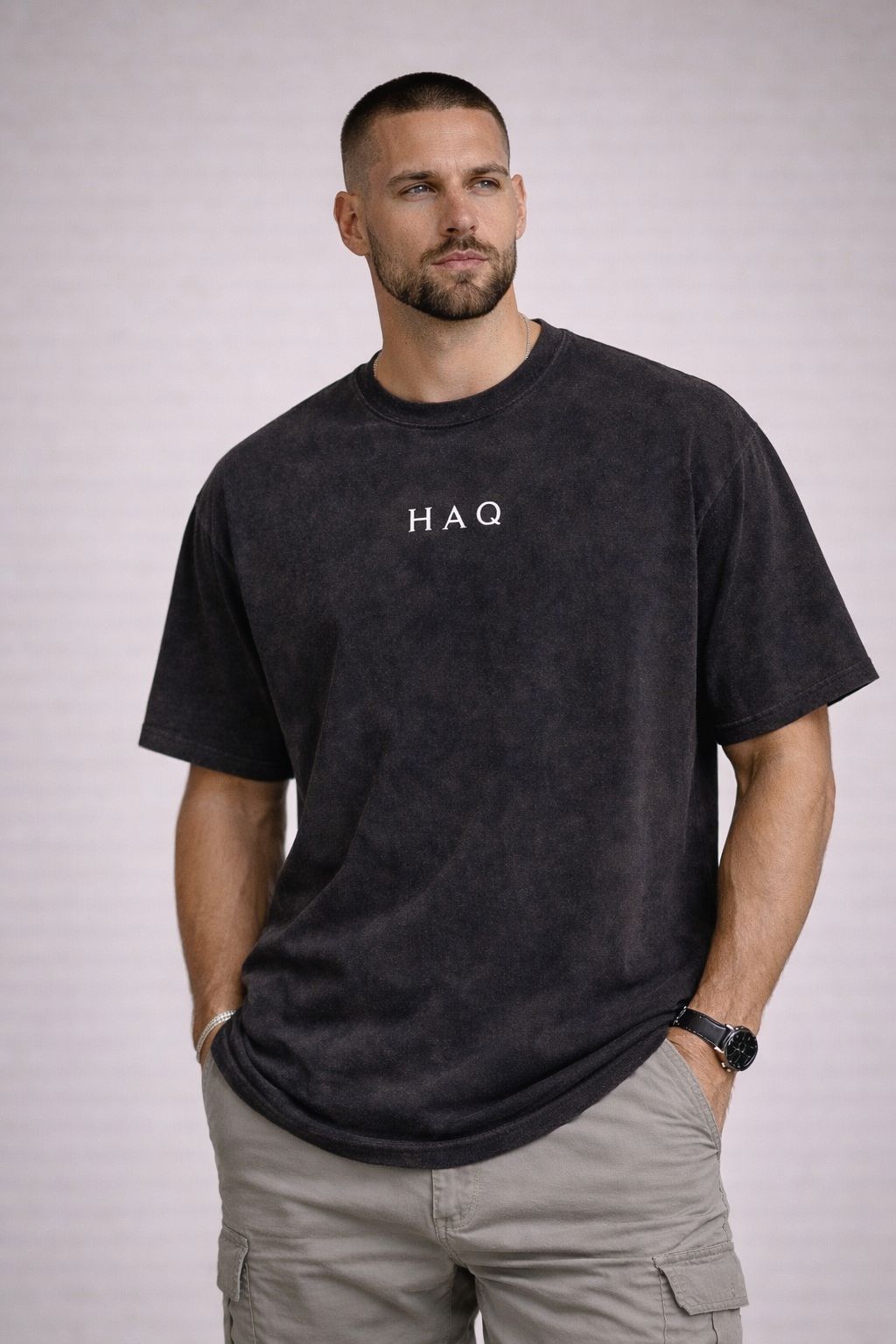 HAQ Over Sized Tee- Never Stop Praising Acid-Wash Black